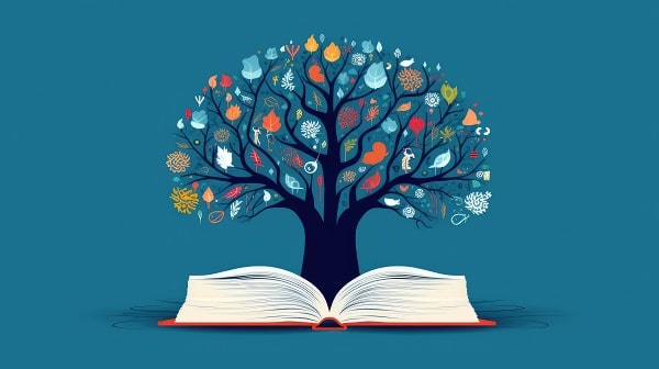 Glossaire du professionnel libéral avec livre ouvert et arbre illustrant les notions juridiques, fiscales et comptables des professions libérales