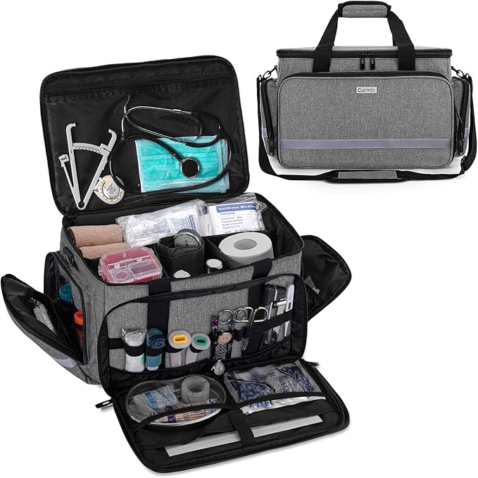 Sac infirmière médicale CURMIO avec compartiments de rangement, fond antidérapant et matériel de soins pour infirmière libérale