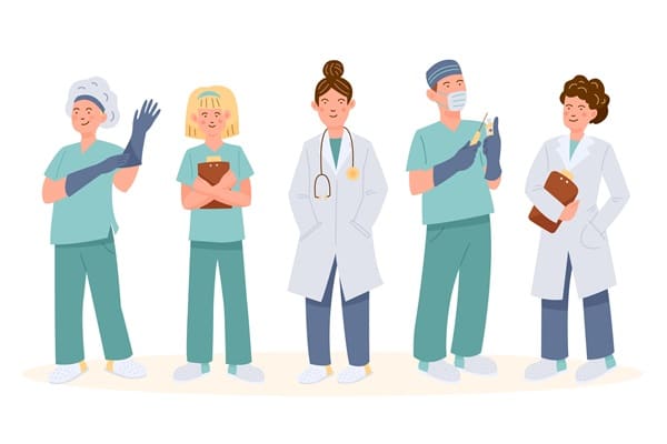 Illustration de professionnels de santé en blouses et uniformes médicaux, symbolisant les différentes spécialités médicales