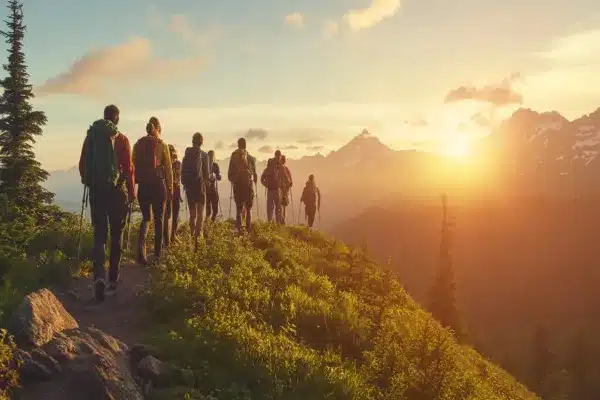 Groupe de randonneurs guidé par un accompagnateur en moyenne montagne au coucher du soleil