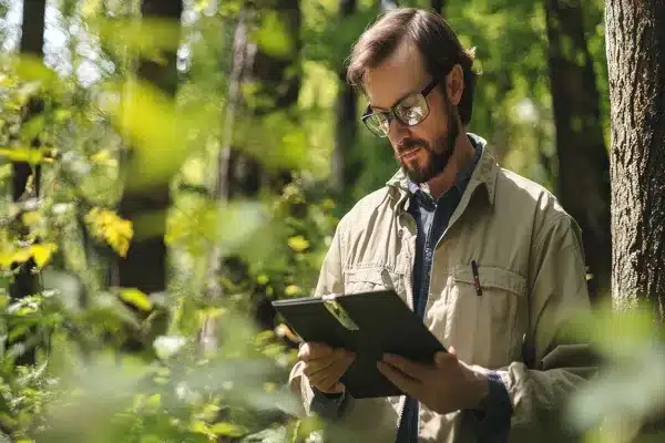 Expert agricole foncier forestier inspectant une forêt avec son dossier