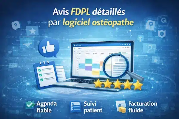 Illustration générique représentant l’analyse et les avis détaillés FDPL sur les logiciels pour ostéopathes : écran de logiciel, loupe d’évaluation, checklist de critères, notation par étoiles et éléments symbolisant agenda, suivi patient et facturation.