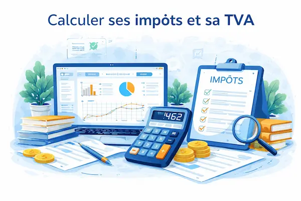 Illustration représentant le calcul des impôts et de la TVA pour un professionnel libéral avec outils de gestion fiscale