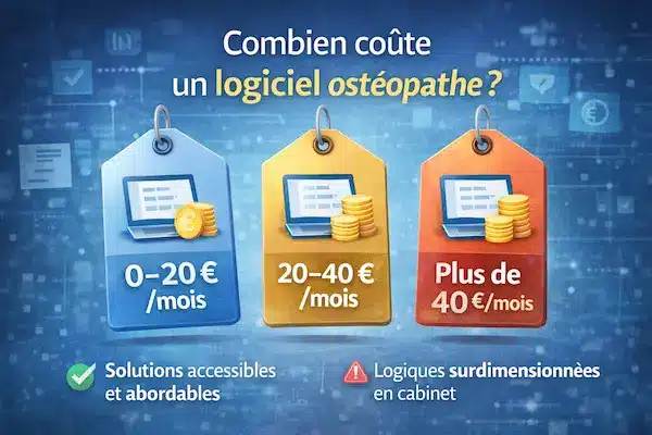 Infographie présentant le coût d’un logiciel ostéopathe avec trois niveaux de prix mensuels (0–20 €, 20–40 €, plus de 40 €), illustrant les différences entre solutions simples, outils adaptés au cabinet et logiciels surdimensionnés.