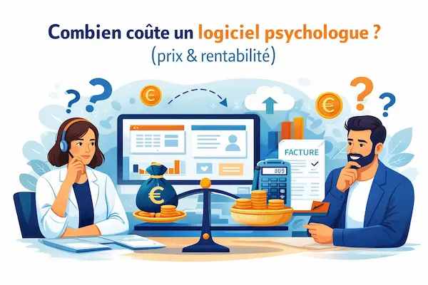Illustration représentant le coût et la rentabilité d’un logiciel pour psychologue, avec balance financière, factures, calculatrice et outils numériques de gestion de cabinet.
