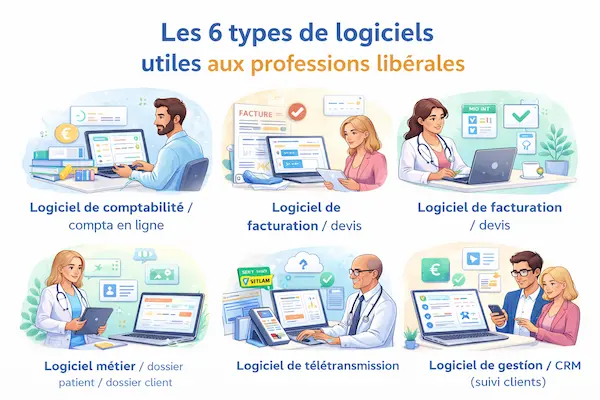 Illustration des 6 types de logiciels utiles aux professions libérales : comptabilité, facturation, prise de rendez-vous, logiciel métier (dossier patient/client), télétransmission et CRM.
