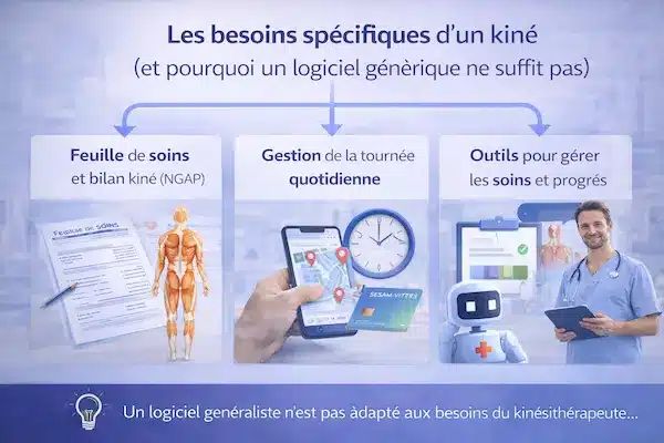 Besoins spécifiques d’un kinésithérapeute en matière de dossiers patients, facturation NGAP et organisation quotidienne, non couverts par un logiciel générique