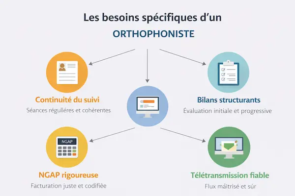 Schéma des besoins clés de l’orthophoniste libéral : continuité du suivi des patients, bilans structurants, NGAP rigoureuse et télétransmission fiable