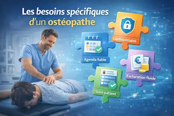 llustration représentant les besoins spécifiques d’un ostéopathe libéral : agenda fiable, suivi patient clair, facturation fluide et confidentialité des données, intégrés à l’organisation quotidienne du cabinet.
