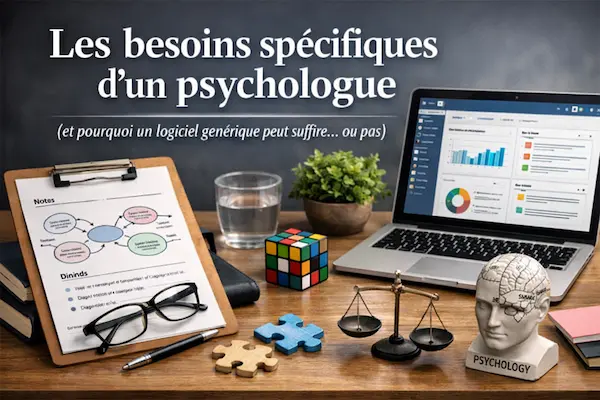 Bureau de psychologue avec ordinateur affichant un logiciel de gestion, documents cliniques, symboles de la psychologie et objets représentant l’analyse et la prise en charge des patients