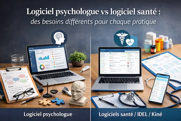 Illustration comparative entre un logiciel dédié aux psychologues et des logiciels de santé utilisés par les IDEL et les kiné