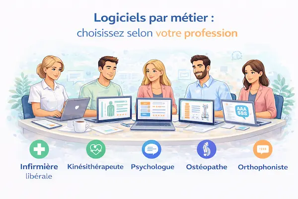 Illustration de plusieurs professionnels libéraux comparant des logiciels métier sur ordinateur (santé, juridique, conseil) pour choisir l’outil adapté à leur profession