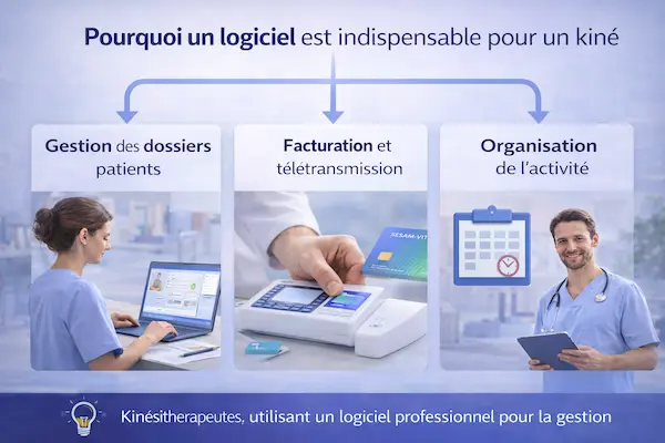 Kinésithérapeutes utilisant un logiciel professionnel pour la gestion des dossiers patients, la facturation et l’organisation de l’activité