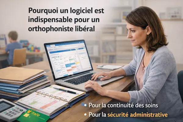 Orthophoniste en séance avec un enfant, associée à la gestion des dossiers patients, des bilans, de la NGAP et de la télétransmission via un logiciel professionnel