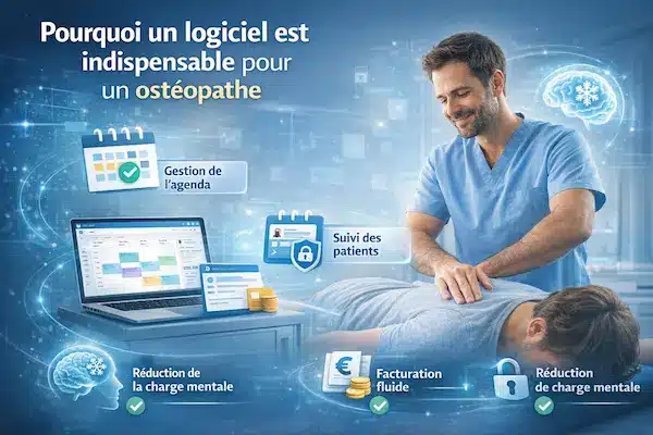 Illustration montrant un ostéopathe en consultation au cabinet, associé à un logiciel de gestion avec agenda, suivi des patients, facturation fluide et sécurisation des données, soulignant le rôle du logiciel dans l’organisation et la réduction de la charge mentale.