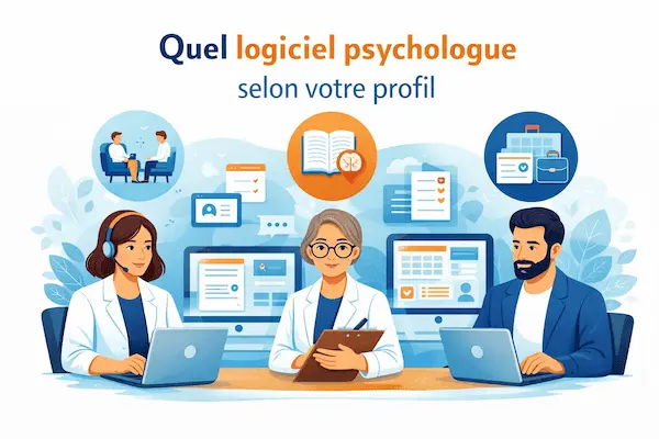 Illustration représentant différents profils de psychologues utilisant des logiciels adaptés à leur pratique, avec interfaces numériques et icônes symbolisant les spécialités professionnelles.