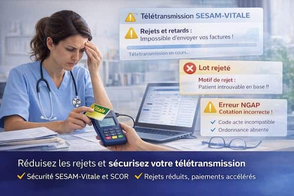 Infirmière libérale effectuant la télétransmission SESAM-Vitale avec un logiciel IDEL, confrontée à des rejets et erreurs de cotation NGAP