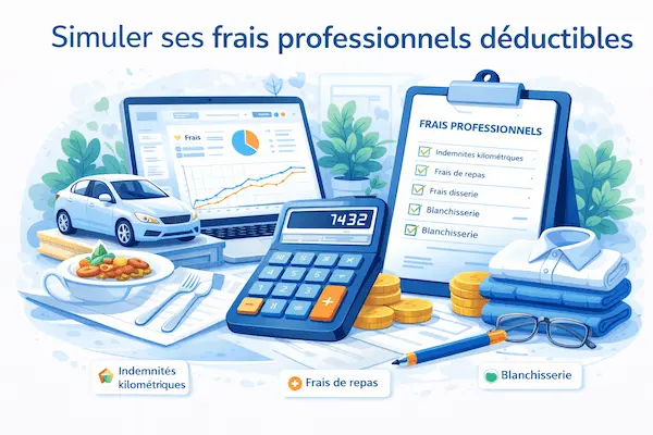 Illustration du calcul des frais professionnels déductibles pour une profession libérale : indemnités kilométriques, frais de repas et blanchisserie