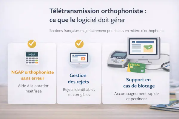 Schéma des fonctions clés de la télétransmission en orthophonie : NGAP sans erreur, gestion des rejets et support en cas de blocage via un logiciel professionnel
