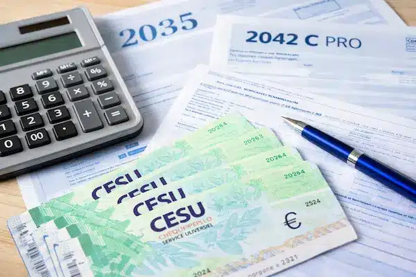 Documents fiscaux 2035 et 2042-C-PRO avec CESU préfinancé, calculatrice et outils comptables utilisés par un professionnel libéral en BNC
