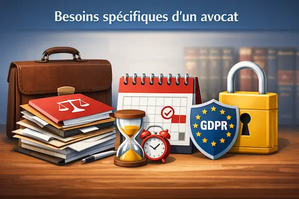 Illustration des besoins d’un avocat : gestion des dossiers juridiques, calendrier et délais, suivi du temps facturable, sécurité des données et conformité RGPD