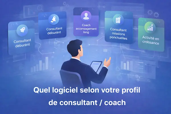 Illustration montrant différents profils de consultant et coach (débutant, accompagnement long, missions ponctuelles, activité en croissance) pour choisir le logiciel adapté