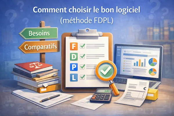 Illustration de la méthode FDPL pour choisir un logiciel avocat, avec critères de décision, comparaison des options, analyse des besoins, suivi du temps et facturation sans référence à une marque
