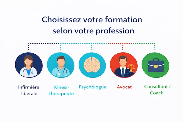 Illustration présentant les formations par métier en profession libérale : infirmière libérale, kinésithérapeute, psychologue, avocat et consultant.