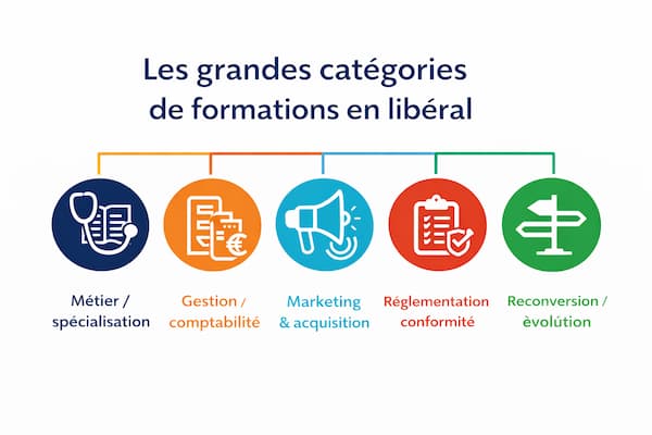 Infographie présentant les cinq grandes catégories de formations en profession libérale : spécialisation métier, gestion comptabilité, marketing acquisition, réglementation conformité et reconversion évolution.
