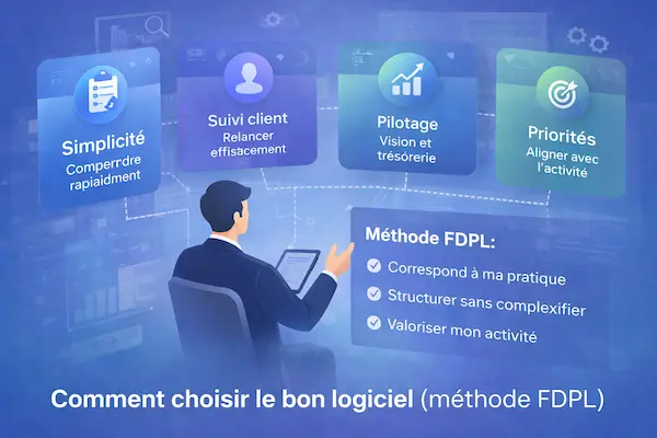 Illustration de la méthode FDPL pour choisir un logiciel consultant ou coach selon la simplicité, le suivi client, le pilotage et les priorités de l’activité
