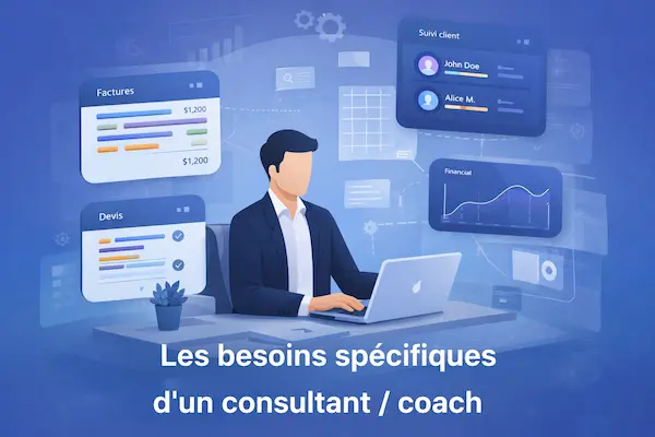 Illustration des besoins d’un consultant ou coach : devis, facturation, suivi client et pilotage de l’activité via un logiciel professionnel