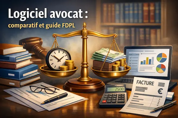 Illustration de logiciels pour avocat avec balance de justice, facturation et outils de gestion pour cabinet juridique