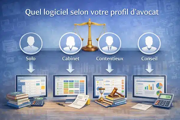 Illustration montrant différents profils d’avocats (solo, cabinet, contentieux, conseil) reliés à des outils de gestion adaptés pour le suivi des dossiers, du temps facturable et des honoraires, sans référence à une marque.