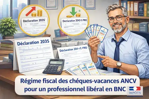 Illustration du régime fiscal des chèques-vacances ANCV pour un professionnel libéral en BNC, avec le traitement déclaratif entre la 2035 et la 2042-C-PRO