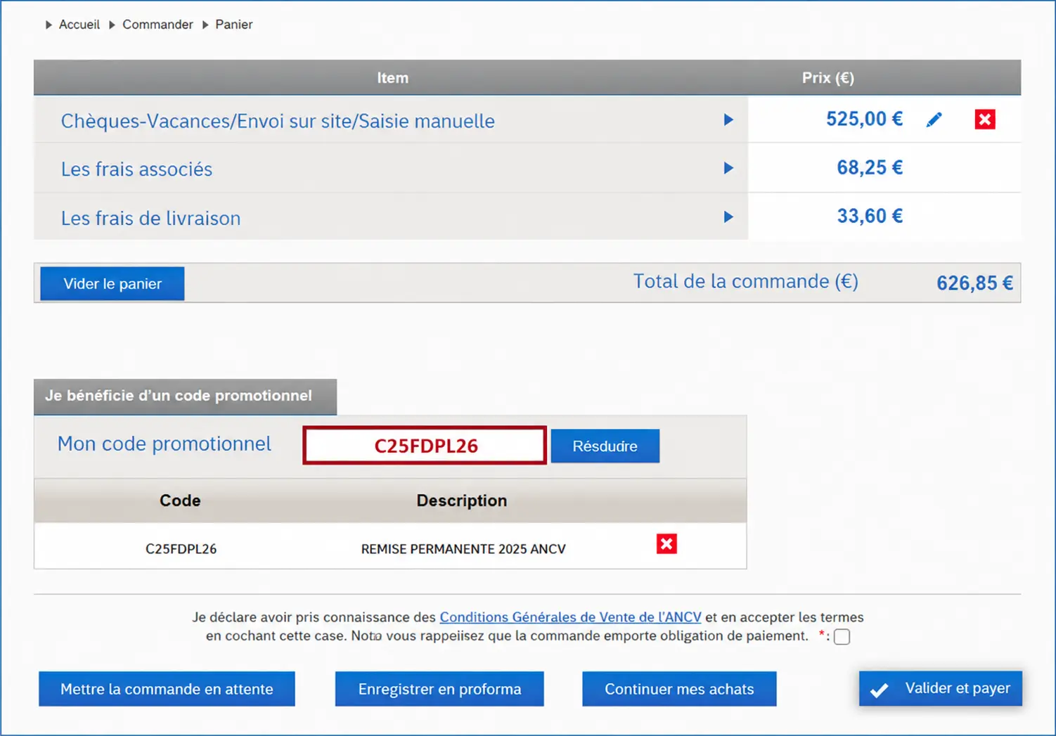 espace adhérent ancv permettant de commander les chèques vacances et d'applier le code promo 2026 sur les frais d'ouverture de compte